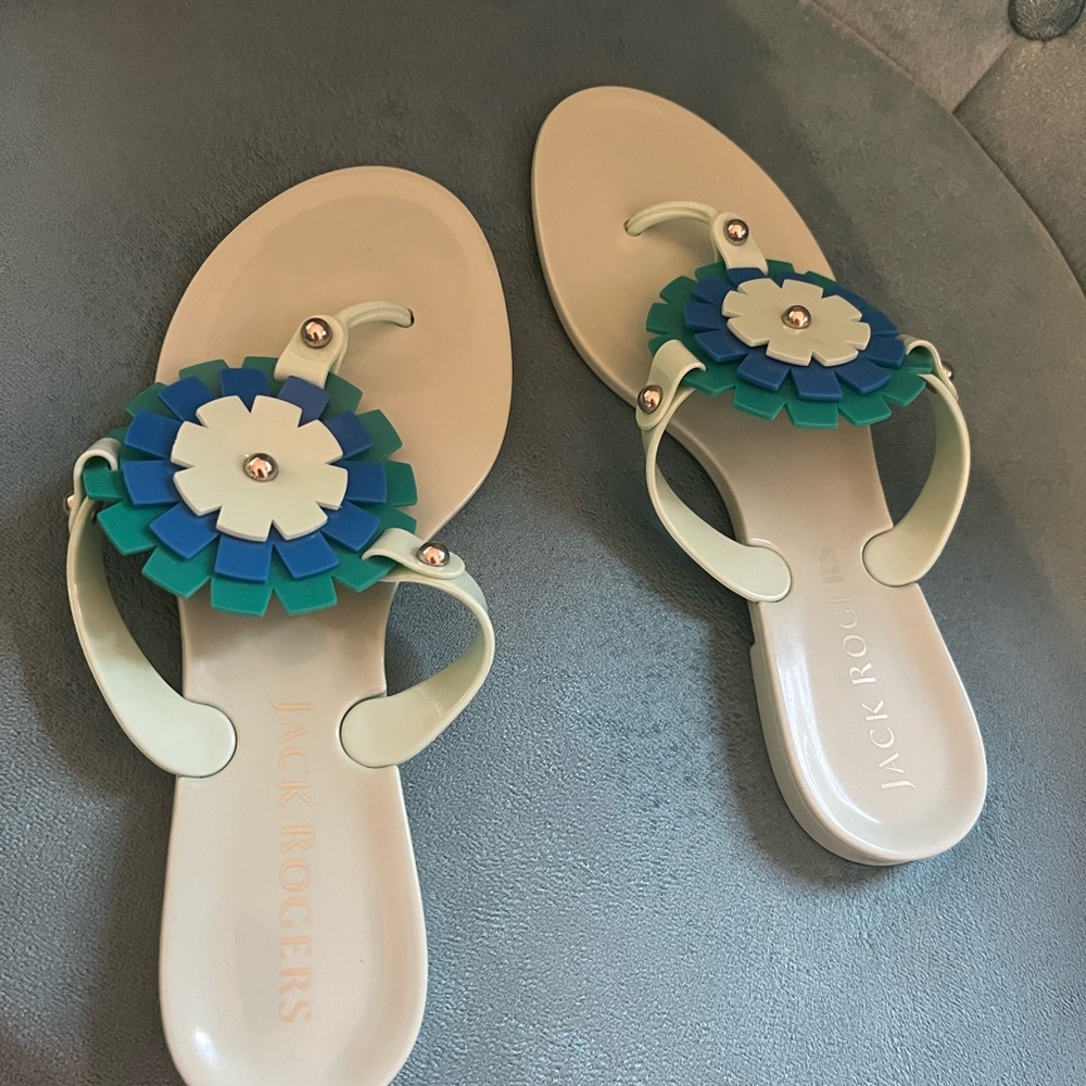Jack Rogers Bella Jelly Flip Flop Blue Sandals with Floral Design